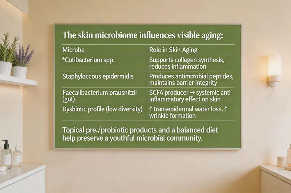 The skin microbiome influences visible aging:
| Microbe | Role in Skin Aging |
|---|---|
| Cutibacterium spp. | Supports collagen synthesis, reduces inflammation |
| Staphylococcus epidermidis | Produces antimicrobial peptides, maintains barrier integrity |
| Faecalibacterium prausnitzii (gut) | SCFA producer → systemic anti‑inflammatory effect on skin |
| Dysbiotic profile (low diversity) | ↑ transepidermal water loss, ↑ wrinkle formation |
Topical pre‑/probiotic products and a balanced diet help preserve a youthful microbial community.