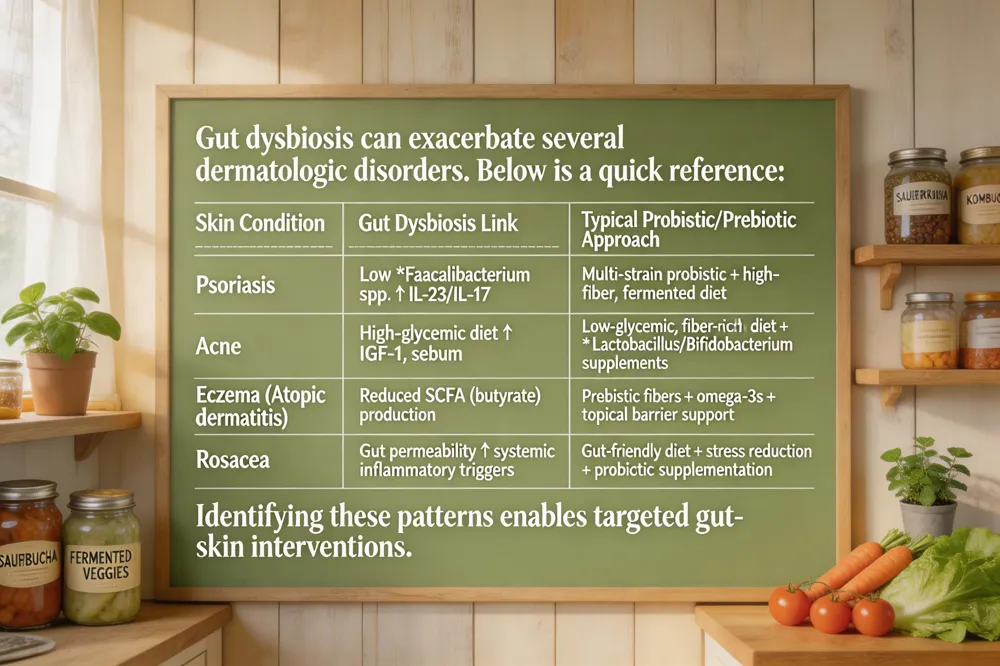 Gut dysbiosis can exacerbate several dermatologic disorders. Below is a quick reference:
| Skin Condition | Gut Dysbiosis Link | Typical Probiotic/Prebiotic Approach |
|---|---|---|
| Psoriasis | Low Faecalibacterium spp. ↑ IL‑23/IL‑17 | Multi‑strain probiotic + high‑fiber, fermented diet |
| Acne | High‑glycemic diet ↑ IGF‑1, sebum | Low‑glycemic, fiber‑rich diet + Lactobacillus/Bifidobacterium supplements |
| Eczema (Atopic dermatitis) | Reduced SCFA (butyrate) production | Prebiotic fibers + omega‑3s + topical barrier support |
| Rosacea | Gut permeability ↑ systemic inflammatory triggers | Gut‑friendly diet + stress reduction + probiotic supplementation |
Identifying these patterns enables targeted gut‑skin interventions.