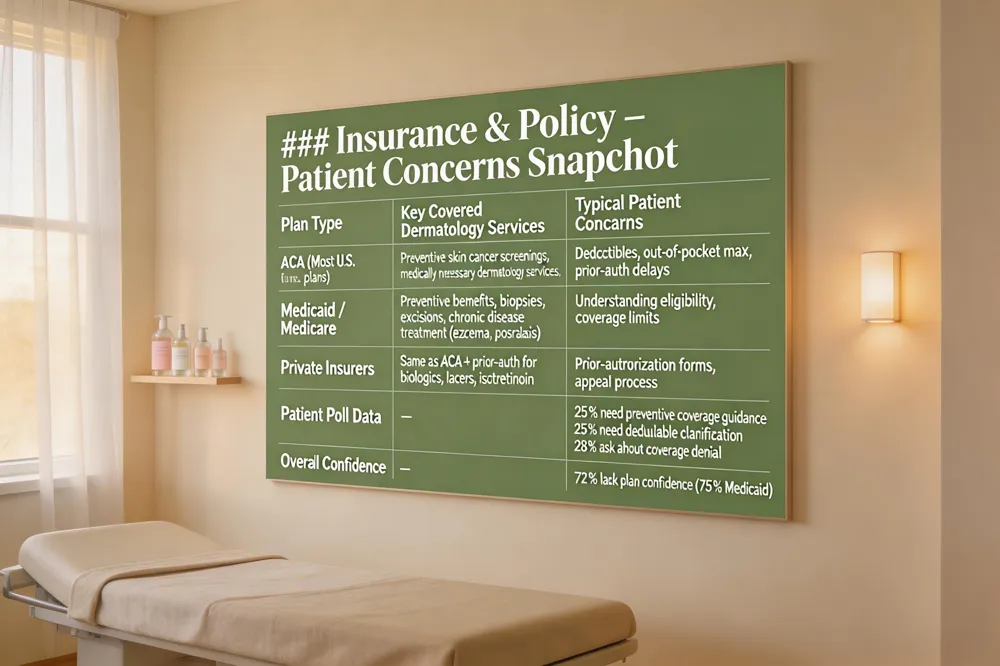 ### Insurance & Policy – Patient Concerns Snapshot
| Plan Type | Key Covered Dermatology Services | Typical Patient Concerns |
|---|---|---|
| ACA (Most U.S. plans) | Preventive skin‑cancer screenings, medically necessary dermatology services | Deductibles, out‑of‑pocket max, prior‑auth delays |
| Medicaid / Medicare | Preventive benefits, biopsies, excisions, chronic disease treatment (eczema, psoriasis) | Understanding eligibility, coverage limits |
| Private Insurers | Same as ACA but may require prior‑auth for biologics, lasers, isotretinoin | Prior‑authorization forms, appeal process |
| Patient Poll Data | — | 25 % need guidance on preventive‑care coverage<br>25 % want deductible/out‑of‑pocket clarification<br>28 % ask when coverage will be denied |
| Overall Confidence | — | 72 % of insured adults lack confidence navigating plans (75 % Medicaid) |
| 