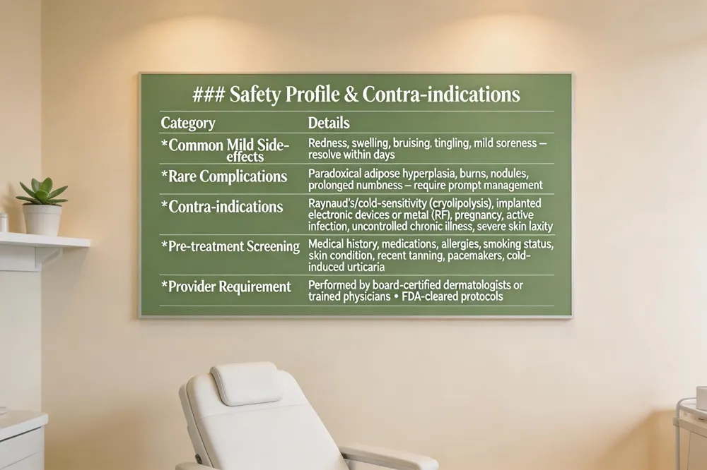 ### Safety Profile & Contra‑indications
| Category | Details |
|---|---|
| Common Mild Side‑effects | Redness, swelling, bruising, tingling, mild soreness – resolve within days |
| Rare Complications | Paradoxical adipose hyperplasia, burns, nodules, prolonged numbness – require prompt management |
| Contra‑indications | Raynaud’s/cold‑sensitivity (cryolipolysis), implanted electronic devices or metal (RF), pregnancy, active infection, uncontrolled chronic illness, severe skin laxity |
| Pre‑treatment Screening | Medical history, medications, allergies, smoking status, skin condition, recent tanning, pacemakers, cold‑induced urticaria |
| Provider Requirement | Performed by board‑certified dermatologists or trained physicians |
| FDA‑cleared protocols | |
| 