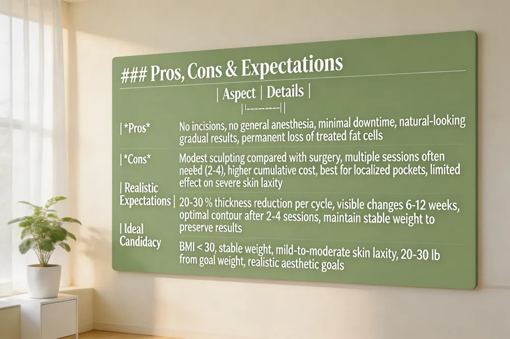 ### Pros, Cons & Expectations
| Aspect | Details |
|---|---|
| Pros | No incisions, no general anesthesia, minimal downtime, natural‑looking gradual results, permanent loss of treated fat cells |
| Cons | Modest sculpting compared with surgery, multiple sessions often needed (2‑4), higher cumulative cost, best for localized pockets, limited effect on severe skin laxity |
| Realistic Expectations | 20‑30 % thickness reduction per cycle, visible changes 6‑12 weeks, optimal contour after 2‑4 sessions, maintenance of weight stable to preserve results |
| Ideal Candidacy | BMI < 30, stable weight, mild‑to‑moderate skin laxity, 20‑30 lb from goal weight, realistic aesthetic goals |
| 