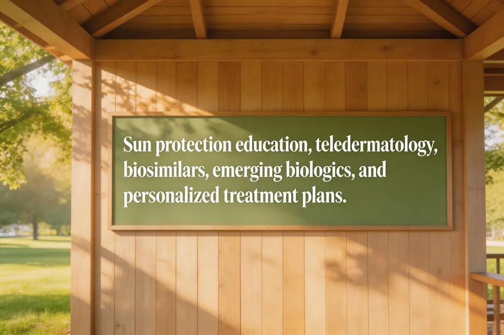 Sun protection education, teledermatology, biosimilars, emerging biologics, and personalized treatment plans.