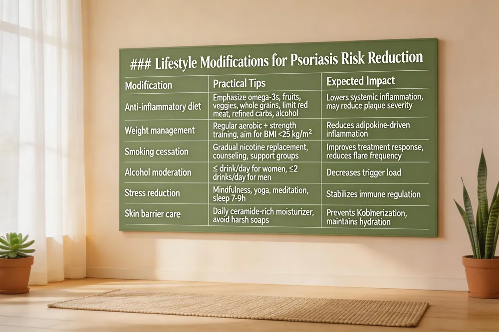 ### Lifestyle Modifications for Psoriasis Risk Reduction
| Modification | Practical Tips | Expected Impact |
|---|---|---|
| Anti‑inflammatory diet | Emphasize omega‑3s, fruits, veggies, whole grains; limit red meat, refined carbs, alcohol | Lowers systemic inflammation, may reduce plaque severity |
| Weight management | Regular aerobic + strength training, aim for BMI < 25 kg/m² | Reduces adipokine‑driven inflammation |
| Smoking cessation | Gradual nicotine replacement, counseling, support groups | Improves treatment response, reduces flare frequency |
| Alcohol moderation | ≤ 1 drink/day for women, ≤ 2 drinks/day for men | Decreases trigger load |
| Stress reduction | Mindfulness, yoga, meditation, adequate sleep (7‑9 h) | Stabilizes immune regulation |
| Skin barrier care | Daily moisturization with ceramide‑rich creams, avoid harsh soaps | Prevents Koebnerization, maintains hydration |
| 