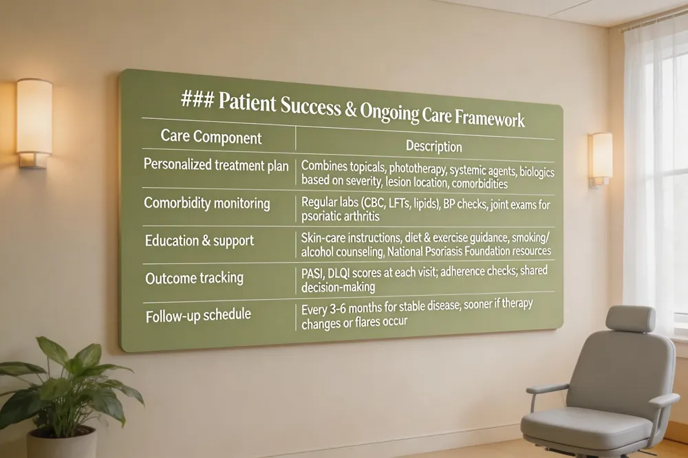 ### Patient Success & Ongoing Care Framework
| Care Component | Description |
|---|---|
| Personalized treatment plan | Combines topicals, phototherapy, systemic agents, biologics based on severity, lesion location, comorbidities |
| Comorbidity monitoring | Regular labs (CBC, LFTs, lipids), BP checks, joint exams for psoriatic arthritis |
| Education & support | Written/ verbal skin‑care instructions, diet & exercise guidance, smoking/alcohol counseling, access to National Psoriasis Foundation resources |
| Outcome tracking | PASI, DLQI scores at each visit; adherence checks; shared decision‑making |
| Follow‑up schedule | Typically every 3‑6 months for stable disease; sooner if therapy changes or flares occur |
| 
