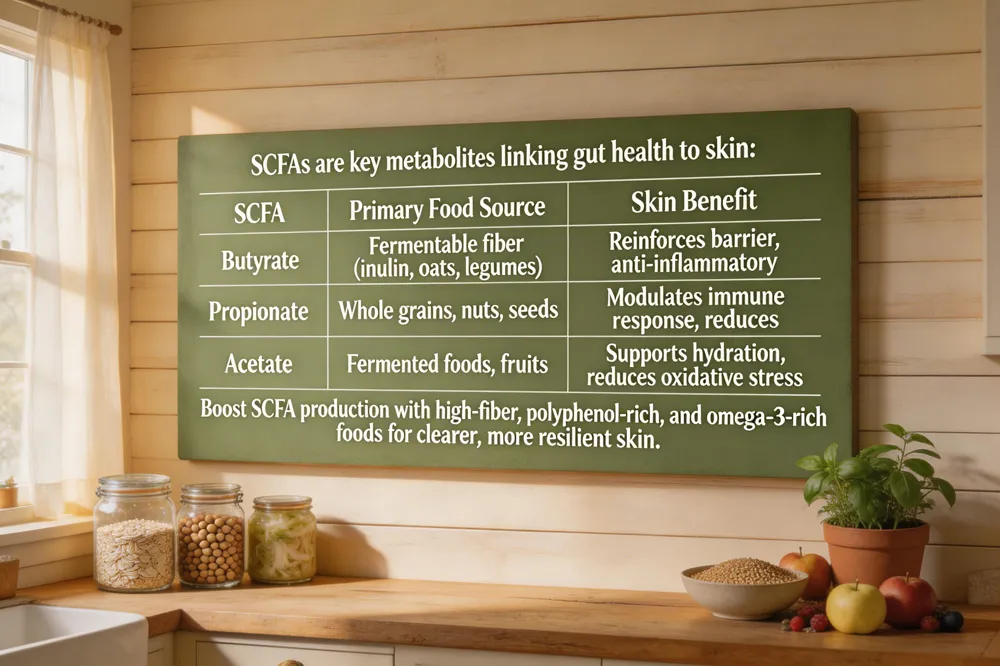 SCFAs are key metabolites linking gut health to skin:
| SCFA | Primary Food Source | Skin Benefit |
|---|---|---|
| Butyrate | Fermentable fiber (inulin, oats, legumes) | Reinforces barrier, anti‑inflammatory |
| Propionate | Whole grains, nuts, seeds | Modulates immune response, reduces redness |
| Acetate | Fermented foods, fruits | Supports hydration, reduces oxidative stress |
Boost SCFA production with high‑fiber, polyphenol‑rich, and omega‑3‑rich foods for clearer, more resilient skin.