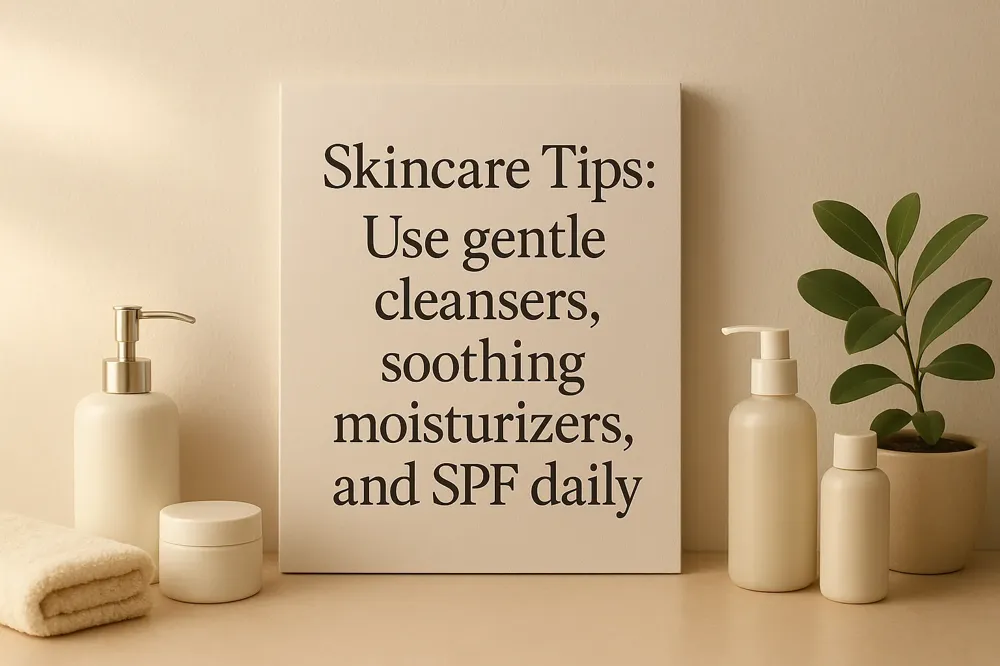 Skincare Tips: Use gentle cleansers, soothing moisturizers, and SPF daily