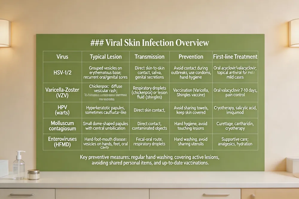 ### Viral Skin Infection Overview
| Virus | Typical Lesion | Transmission | Prevention | First‑line Treatment |
|---|---|---|---|---|
| HSV‑1/2 | Grouped vesicles on erythematous base; recurrent oral/genital sores | Direct skin‑to‑skin contact, saliva, genital secretions | Avoid contact during outbreaks, use condoms, hand hygiene | Oral acyclovir/valacyclovir; topical antiviral for mild cases |
| Varicella‑Zoster (VZV) | Chickenpox: diffuse vesicular rash; Shingles: unilateral dermatomal vesicles | Respiratory droplets (chickenpox) or lesion fluid (shingles) | Vaccination (Varicella, Shingles vaccine) | Oral valacyclovir 7‑10 days; pain control |
| HPV (warts) | Hyperkeratotic papules, sometimes cauliflower‑like | Direct skin contact, fomites | Avoid sharing towels, keep skin covered | Cryotherapy, salicylic acid, imiquimod |
| Molluscum contagiosum | Small dome‑shaped papules with central umbilication | Direct contact, contaminated objects | Hand hygiene, avoid touching lesions | Curettage, cantharidin, cryotherapy |
| Enteroviruses (HFMD) | Hand‑foot‑mouth disease: vesicles on hands, feet, oral cavity | Fecal‑oral route, respiratory droplets | Hand washing, avoid sharing utensils | Supportive care; analgesics, hydration |
Key preventive measures: regular hand washing, covering active lesions, avoiding shared personal items, and up‑to‑date vaccinations. 