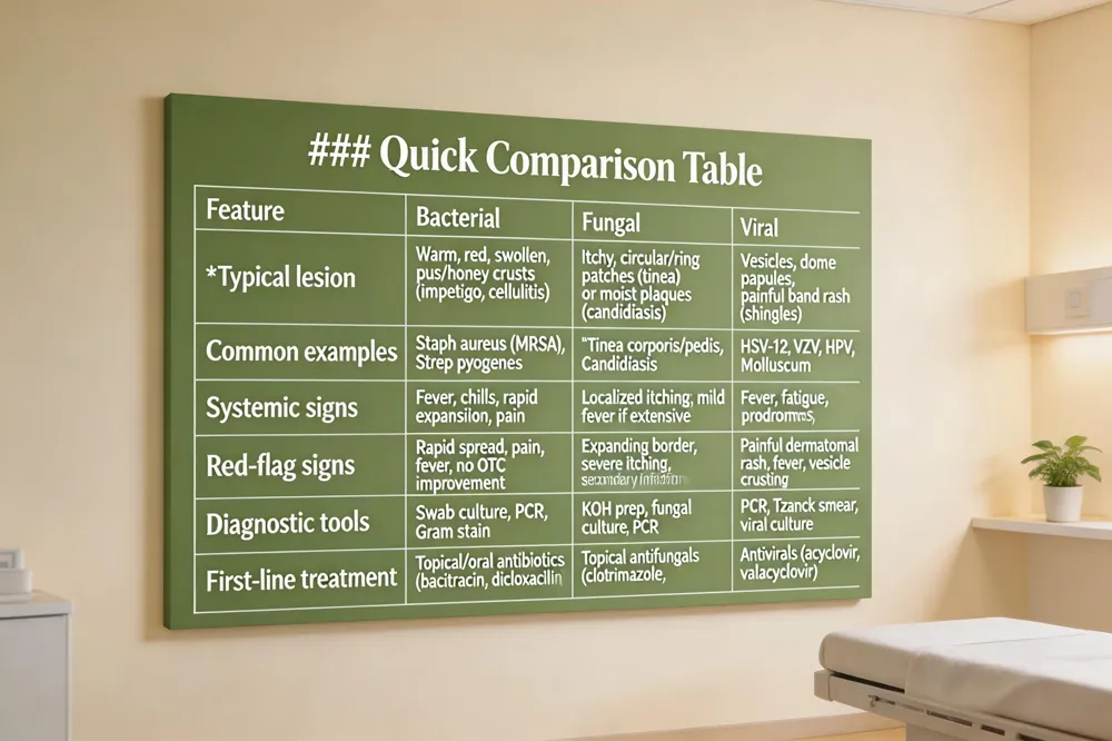 ### Quick Comparison Table
| Feature | Bacterial | Fungal | Viral |
|---|---|---|---|
| Typical lesion | Warm, red, swollen, may ooze pus or honey‑colored crusts (e.g., impetigo, cellulitis) | Itchy, well‑defined circular/ring‑shaped patches with raised scaly border (tinea) or moist plaques (candidiasis) | Vesicles, dome‑shaped papules, or painful band‑like rash following a dermatome (e.g., shingles) |
| Common examples | Staphylococcus aureus (incl. MRSA), Streptococcus pyogenes | Tinea corporis, Tinea pedis, Candidiasis | HSV‑1/2, VZV, HPV, Molluscum contagiosum |
| Systemic signs | Fever, chills, rapid expansion, pain | Usually localized itching; may have mild fever if extensive | Fever, fatigue, malaise possible; often with prodromal symptoms |
| Red‑flag signs | Rapid spread, increasing pain, fever, failure to improve with OTC | Expanding border, severe itching, secondary bacterial infection | Painful dermatomal rash, fever, vesicle rupture with crusting |
| Diagnostic tools | Swab culture, PCR, Gram stain | KOH prep, fungal culture, PCR | PCR, Tzanck smear, viral culture |
| First‑line treatment | Topical or oral antibiotics (e.g., bacitracin, dicloxacillin) | Topical antifungals (clotrimazole, terbinafine) | Antivirals (acyclovir, valacyclovir) or lesion‑specific therapy |
| 