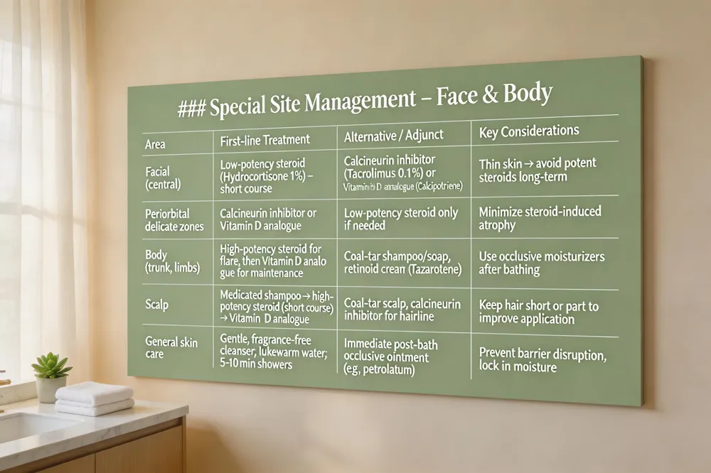 ### Special Site Management – Face & Body
| Area | First‑line Treatment | Alternative / Adjunct | Key Considerations |
|---|---|---|---|
| Facial (central) | Low‑potency steroid (Hydrocortisone 1 %) – short course | Calcineurin inhibitor (Tacrolimus 0.1 %) or Vitamin D analogue (Calcipotriene) | Thin skin → avoid potent steroids long‑term |
| Periorbital / delicate zones | Calcineurin inhibitor or Vitamin D analogue | Low‑potency steroid only if needed | Minimize steroid‑induced atrophy |
| Body (trunk, limbs) | High‑potency steroid for flare, then Vitamin D analogue for maintenance | Coal‑tar shampoo/soap, retinoid cream (Tazarotene) | Use occlusive moisturizers after bathing |
| Scalp | Medicated shampoo → high‑potency steroid (short course) → Vitamin D analogue | Coal‑tar scalp, calcineurin inhibitor for hairline | Keep hair short or part to improve application |
| General skin care | Gentle, fragrance‑free cleanser; lukewarm water; 5‑10 min showers | Immediate post‑bath occlusive ointment (e.g., petrolatum) | Prevent barrier disruption, lock in moisture |
| 
