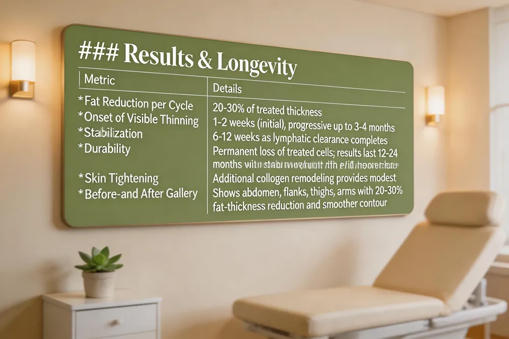 ### Results & Longevity
| Metric | Details |
|---|---|
| Fat Reduction per Cycle | 20‑30 % of treated thickness |
| Onset of Visible Thinning | 1‑2 weeks (initial), progressive up to 3‑4 months |
| Stabilization | 6‑12 weeks as lymphatic clearance completes |
| Durability | Permanent loss of treated cells; results last 12‑24 months with stable weight; annual touch‑up often recommended |
| Skin Tightening | Additional collagen remodeling provides modest tightening, especially with RF/laser |
| Before‑and‑After Gallery | Shows abdomen, flanks, thighs, arms with 20‑30 % fat‑thickness reduction and smoother contour |
| 