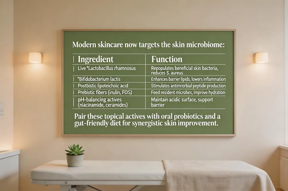 Modern skincare now targets the skin microbiome:
| Ingredient | Function |
|---|---|
| Live Lactobacillus rhamnosus | Repopulates beneficial skin bacteria, reduces S. aureus |
| Bifidobacterium lactis | Enhances barrier lipids, lowers inflammation |
| Postbiotic lipoteichoic acid | Stimulates antimicrobial peptide production |
| Prebiotic fibers (inulin, FOS) | Feed resident microbes, improve hydration |
| pH‑balancing actives (niacinamide, ceramides) | Maintain acidic surface, support barrier |
Pair these topical actives with oral probiotics and a gut‑friendly diet for synergistic skin improvement.