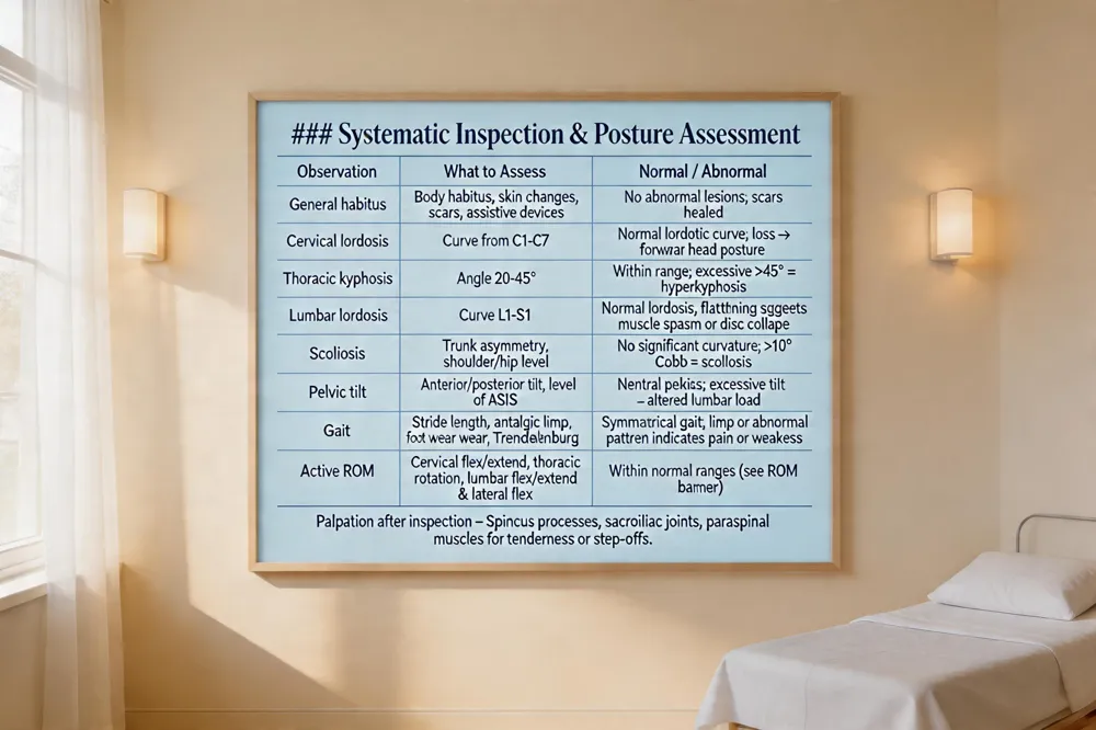 ### Systematic Inspection & Posture Assessment
| Observation | What to Assess | Normal / Abnormal |
|---|---|---|
| General habitus | Body habitus, skin changes, scars, assistive devices | No abnormal lesions; scars healed |
| Cervical lordosis | Curve from C1‑C7 | Normal lordotic curve; loss → forward head posture |
| Thoracic kyphosis | Angle 20‑45° | Within range; excessive > 45° = hyperkyphosis |
| Lumbar lordosis | Curve L1‑S1 | Normal lordosis; flattening suggests muscle spasm or disc collapse |
| Scoliosis | Trunk asymmetry, shoulder/hip level | No significant curvature; > 10° Cobb = scoliosis |
| Pelvic tilt | Anterior/posterior tilt, level of ASIS | Neutral pelvis; excessive tilt → altered lumbar load |
| Gait | Stride length, antalgic limp, foot wear wear, Trendelenburg | Symmetrical gait; limp or abnormal pattern indicates pain or weakness |
| Active ROM | Cervical flex/extend, thoracic rotation, lumbar flex/extend & lateral flex | Within normal ranges (see ROM banner) |
Palpation after inspection – Spinous processes, sacroiliac joints, paraspinal muscles for tenderness or step‑offs.