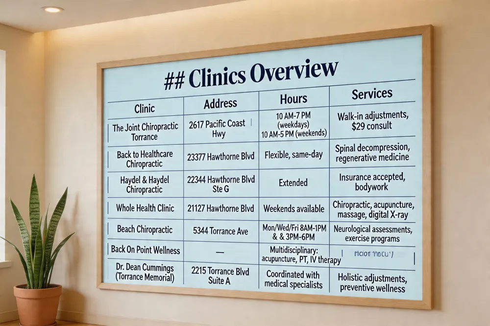 ## Clinics Overview
| Clinic | Address | Hours | Services | |---|---|---|---| | The Joint Chiropractic Torrance | 2617 Pacific Coast Hwy | 10 AM‑7 PM (weekdays), 10 AM‑5 PM (weekends) | Walk‑in adjustments, $29 consult | | Back to Healthcare Chiropractic | 23377 Hawthorne Blvd | Flexible, same‑day | Spinal decompression, regenerative medicine | | Haydel & Haydel Chiropractic | 22344 Hawthorne Blvd Ste G | Extended | Insurance accepted, bodywork | | Whole Health Clinic | 21127 Hawthorne Blvd | Weekends available | Chiropractic, acupuncture, massage, digital X‑ray | | Beach Chiropractic | 5344 Torrance Ave | Mon/Wed/Fri 8 AM‑1 PM & 3 PM‑6 PM | Neurological assessments, exercise programs | | Back On Point Wellness | — | Multidisciplinary: chiropractic, acupuncture, PT, IV therapy | | Dr. Dean Cummings (Torrance Memorial) | 2215 Torrance Blvd Suite A | Coordinated with medical specialists | Holistic adjustments, preventive wellness |