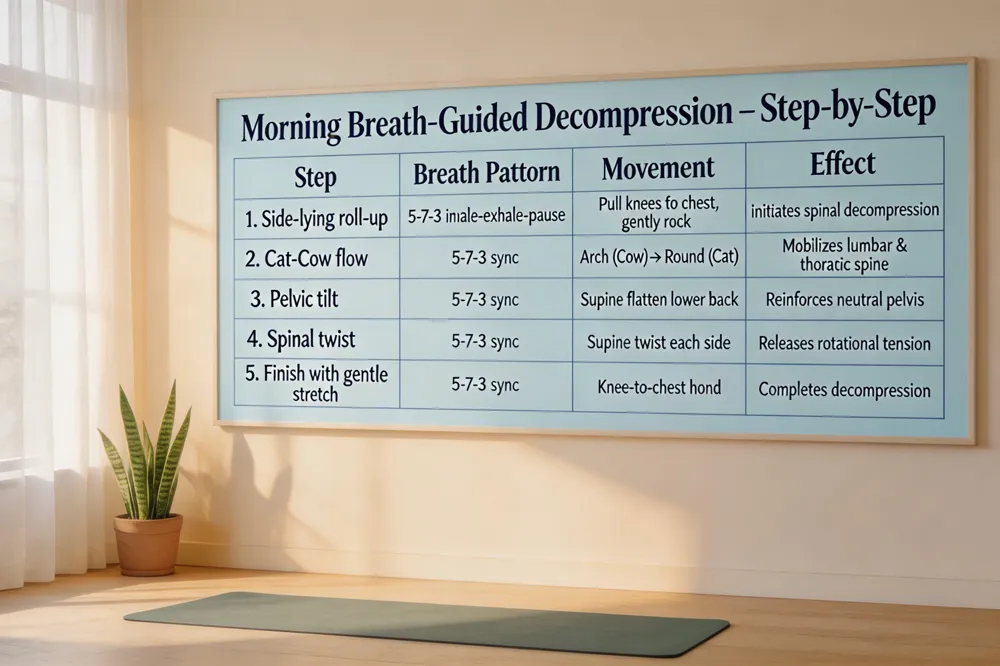 Morning Breath‑Guided Decompression – Step‑by‑Step
| Step | Breath Pattern | Movement | Effect |
|---|---|---|---|
| 1. Side‑lying roll‑up | 5‑7‑3 inhale‑exhale‑pause | Pull knees to chest, gently rock | Initiates spinal decompression |
| 2. Cat‑Cow flow | 5‑7‑3 sync | Arch (Cow) → Round (Cat) | Mobilizes lumbar & thoracic spine |
| 3. Pelvic tilt | 5‑7‑3 sync | Supine flatten lower back | Reinforces neutral pelvis |
| 4. Spinal twist | 5‑7‑3 sync | Supine twist each side | Releases rotational tension |
| 5. Finish with gentle stretch | 5‑7‑3 sync | Knee‑to‑chest hold | Completes decompression |
