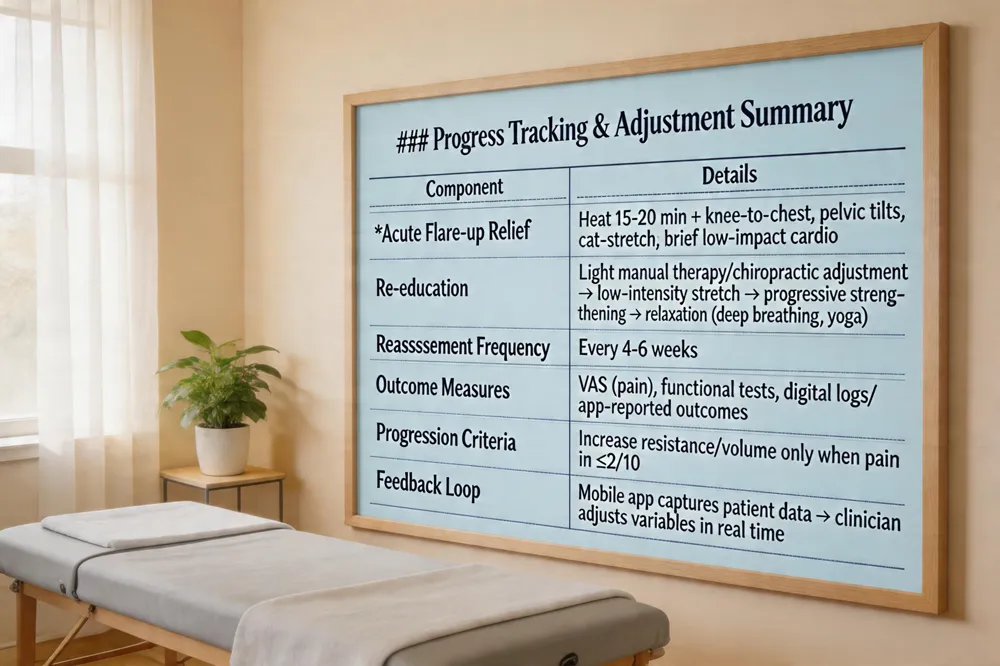 ### Progress Tracking & Adjustment Summary
| Component | Details |
|---|---|
| Acute Flare‑up Relief | Heat 15‑20 min + knee‑to‑chest, pelvic tilts, cat‑stretch; brief low‑impact cardio |
| Re‑education | Light manual therapy/chiropractic adjustment → low‑intensity stretch → progressive strengthening → relaxation (deep breathing, yoga) |
| Reassessment Frequency | Every 4‑6 weeks |
| Outcome Measures | VAS (pain), functional tests, digital logs/app‑reported outcomes |
| Progression Criteria | Increase resistance/volume only when pain ≤2/10 |
| Feedback Loop | Mobile app captures patient data → clinician adjusts variables in real time |

