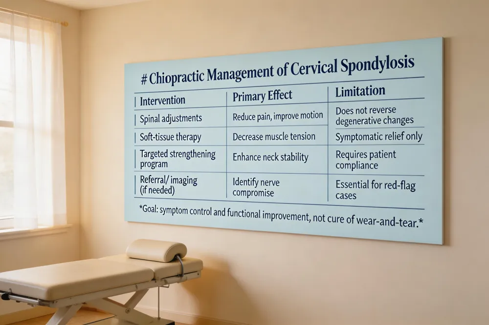 # Chiropractic Management of Cervical Spondylosis
| Intervention | Primary Effect | Limitation |
|---|---|---|
| Spinal adjustments | Reduce pain, improve motion | Does not reverse degenerative changes |
| Soft‑tissue therapy | Decrease muscle tension | Symptomatic relief only |
| Targeted strengthening program | Enhance neck stability | Requires patient compliance |
| Referral/ imaging (if needed) | Identify nerve compromise | Essential for red‑flag cases |
Goal: symptom control and functional improvement, not cure of wear‑and‑tear.