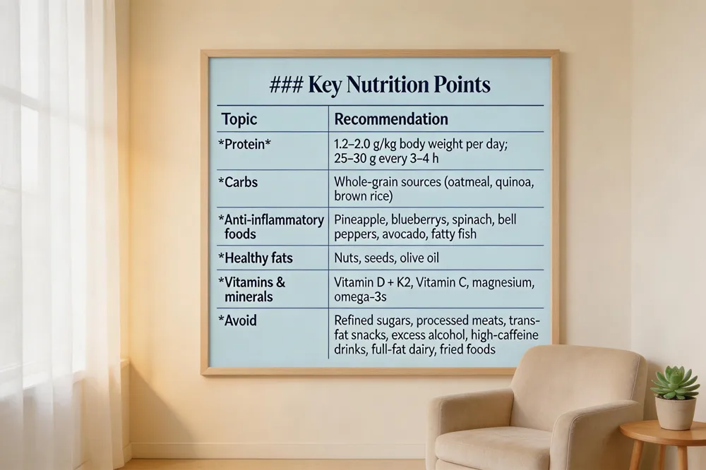 ### Key Nutrition Points
| Topic | Recommendation |
|---|---|
| Protein | 1.2–2.0 g /kg body weight per day; 25–30 g every 3–4 h |
| Carbs | Whole‑grain sources (oatmeal, quinoa, brown rice) |
| Anti‑inflammatory foods | Pineapple, blueberries, spinach, bell peppers, avocado, fatty fish |
| Healthy fats | Nuts, seeds, olive oil |
| Vitamins & minerals | Vitamin D + K2, Vitamin C, magnesium, omega‑3s |
| Avoid | Refined sugars, processed meats, trans‑fat snacks, excess alcohol, high‑caffeine drinks, full‑fat dairy, fried foods |
