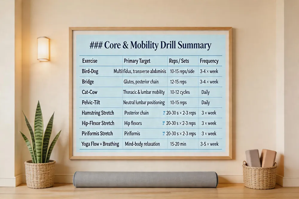 ### Core & Mobility Drill Summary
| Exercise | Primary Target | Reps / Sets | Frequency |
|---|---|---|---|
| Bird‑Dog | Multifidus, transverse abdominis | 10‑15 reps/side | 3‑4 × week |
| Bridge | Glutes, posterior chain | 12‑15 reps | 3‑4 × week |
| Cat‑Cow | Thoracic & lumbar mobility | 10‑12 cycles | Daily |
| Pelvic‑Tilt | Neutral lumbar positioning | 10‑15 reps | Daily |
| Hamstring Stretch | Posterior chain | 20‑30 s × 2‑3 reps | 3 × week |
| Hip‑Flexor Stretch | Hip flexors | 20‑30 s × 2‑3 reps | 3 × week |
| Piriformis Stretch | Piriformis | 20‑30 s × 2‑3 reps | 3 × week |
| Yoga Flow + Breathing | Mind‑body relaxation | 15‑20 min | 3‑5 × week |
