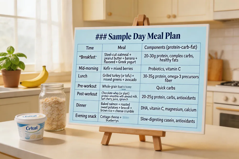 ### Sample Day Meal Plan
| Time | Meal | Components (protein‑carb‑fat) |
|---|---|---|
| Breakfast | Steel‑cut oatmeal + peanut butter + banana + flaxseed + Greek yogurt | 20‑30 g protein, complex carbs, healthy fats |
| Mid‑morning | Kefir + mixed berries | Probiotics, vitamin C |
| Lunch | Grilled turkey (or tofu) + quinoa + mixed greens + avocado | 30‑35 g protein, omega‑3 precursors, fiber |
| Pre‑workout | Whole‑grain toast + honey or banana | Quick carbs |
| Post‑workout | Chocolate whey (or plant) protein smoothie with almond milk, tart cherry juice, spinach | 20‑25 g protein, carbs, antioxidants |
| Dinner | Baked salmon + roasted sweet potatoes + broccoli + brown rice + cheese crumble | DHA, vitamin C, magnesium, calcium |
| Evening snack | Cottage cheese + blueberries | Slow‑digesting casein, antioxidants |

