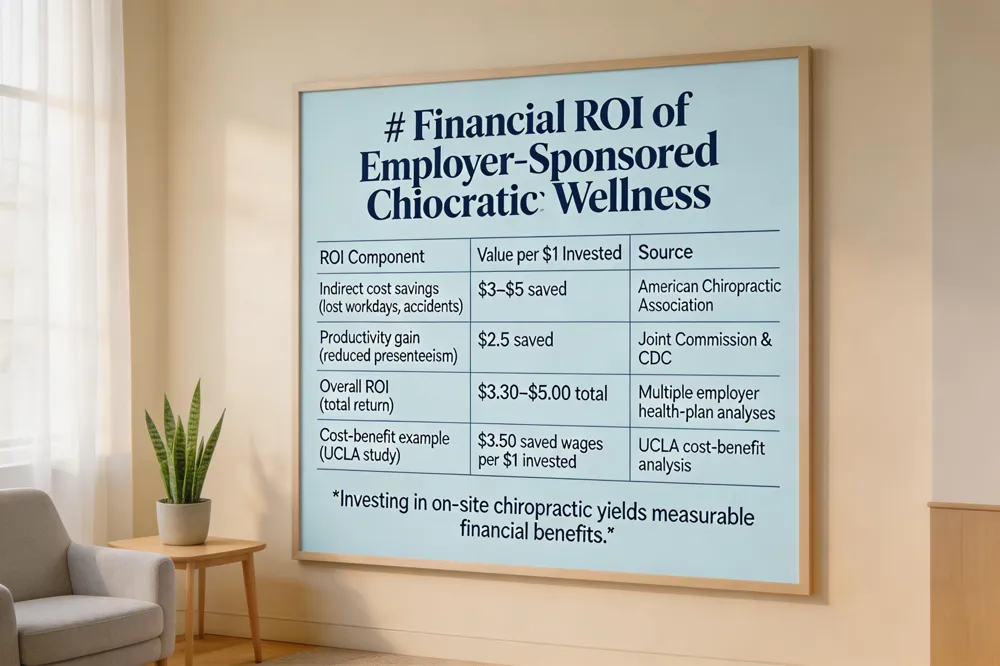 # Financial ROI of Employer‑Sponsored Chiropractic Wellness
| ROI Component | Value per $1 Invested | Source |
|---|---|---|
| Indirect cost savings (lost workdays, accidents) | $3–$5 saved | American Chiropractic Association |
| Productivity gain (reduced presenteeism) | $2.5 saved | Joint Commission & CDC |
| Overall ROI (total return) | $3.30–$5.00 total | Multiple employer health‑plan analyses |
| Cost‑benefit example (UCLA study) | $3.50 saved wages per $1 invested | UCLA cost‑benefit analysis |
Investing in on‑site chiropractic yields measurable financial benefits.
