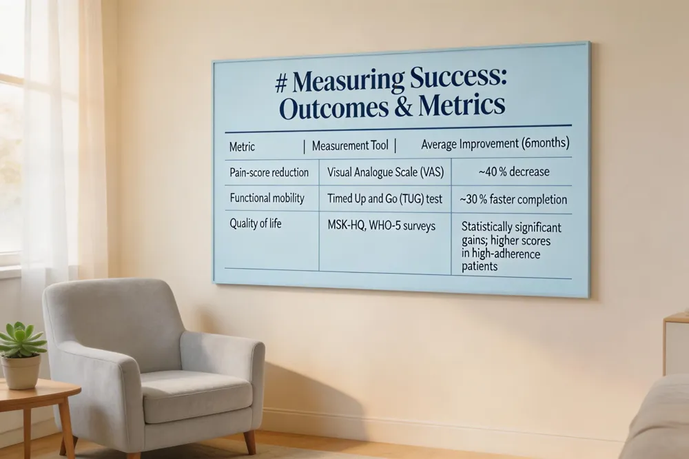 # Measuring Success: Outcomes & Metrics
| Metric | Measurement Tool | Average Improvement (6 months) |
|---|---|---|
| Pain‑score reduction | Visual Analogue Scale (VAS) | ~40 % decrease |
| Functional mobility | Timed Up and Go (TUG) test | ~30 % faster completion |
| Quality of life | MSK‑HQ, WHO‑5 surveys | Statistically significant gains; higher scores in high‑adherence patients |
