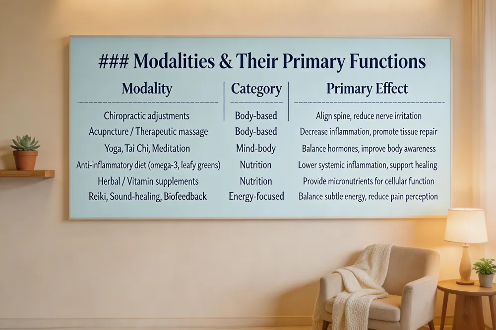 ### Modalities & Their Primary Functions
| Modality | Category | Primary Effect |
|---|---|---|
| Chiropractic adjustments | Body‑based | Align spine, reduce nerve irritation |
| Acupuncture / Therapeutic massage | Body‑based | Decrease inflammation, promote tissue repair |
| Yoga, Tai Chi, Meditation | Mind‑body | Balance hormones, improve body awareness |
| Anti‑inflammatory diet (omega‑3, leafy greens) | Nutrition | Lower systemic inflammation, support healing |
| Herbal / Vitamin supplements | Nutrition | Provide micronutrients for cellular function |
| Reiki, Sound‑healing, Biofeedback | Energy‑focused | Balance subtle energy, reduce pain perception |
