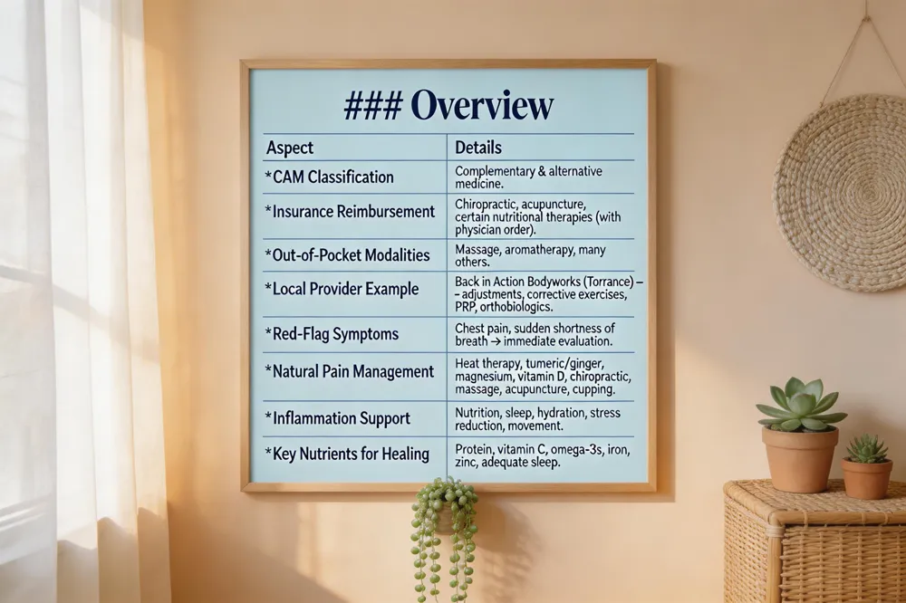 ### Overview
| Aspect | Details |
|---|---|
| CAM Classification | Complementary & alternative medicine. |
| Insurance Reimbursement | Chiropractic, acupuncture, certain nutritional therapies (with physician order). |
| Out‑of‑Pocket Modalities | Massage, aromatherapy, many others. |
| Local Provider Example | Back in Action Bodyworks (Torrance) – adjustments, corrective exercises, PRP, orthobiologics. |
| Red‑Flag Symptoms | Chest pain, sudden shortness of breath → immediate evaluation. |
| Natural Pain Management | Heat therapy, turmeric/ginger, magnesium, vitamin D, chiropractic, massage, acupuncture, cupping. |
| Inflammation Support | Nutrition, sleep, hydration, stress reduction, movement. |
| Key Nutrients for Healing | Protein, vitamin C, omega‑3s, iron, zinc, adequate sleep. |