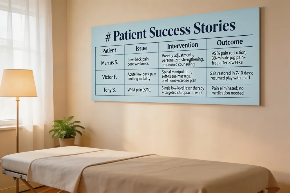 # Patient Success Stories
| Patient | Issue | Intervention | Outcome |
|---|---|---|---|
| Marcus S. | Low‑back pain, core weakness | Weekly adjustments, personalized strengthening, ergonomic counseling | 95 % pain reduction; 30‑minute jog pain‑free after 3 weeks |
| Victor F. | Acute low‑back pain limiting mobility | Spinal manipulation, soft‑tissue massage, brief home‑exercise plan | Gait restored in 7‑10 days; resumed play with child |
| Tony S. | Wrist pain (8/10) | Single low‑level laser therapy + targeted chiropractic work | Pain eliminated; no medication needed |
