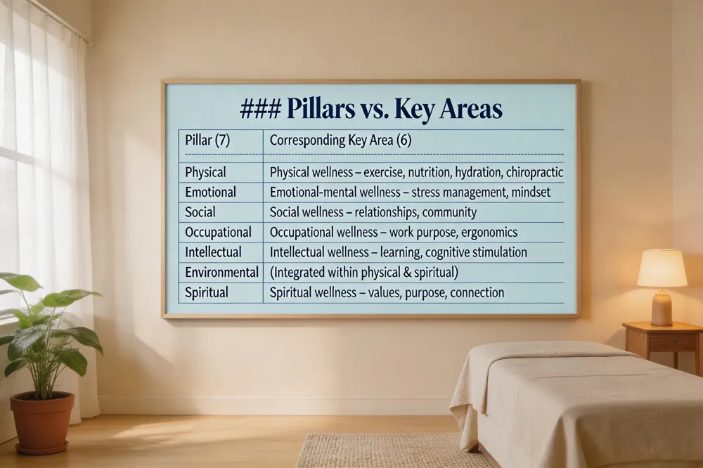 ### Pillars vs. Key Areas
| Pillar (7) | Corresponding Key Area (6) |
|---|---|
| Physical | Physical wellness – exercise, nutrition, hydration, chiropractic |
| Emotional | Emotional‑mental wellness – stress management, mindset |
| Social | Social wellness – relationships, community |
| Occupational | Occupational wellness – work purpose, ergonomics |
| Intellectual | Intellectual wellness – learning, cognitive stimulation |
| Environmental | (Integrated within physical & spiritual) |
| Spiritual | Spiritual wellness – values, purpose, connection |

