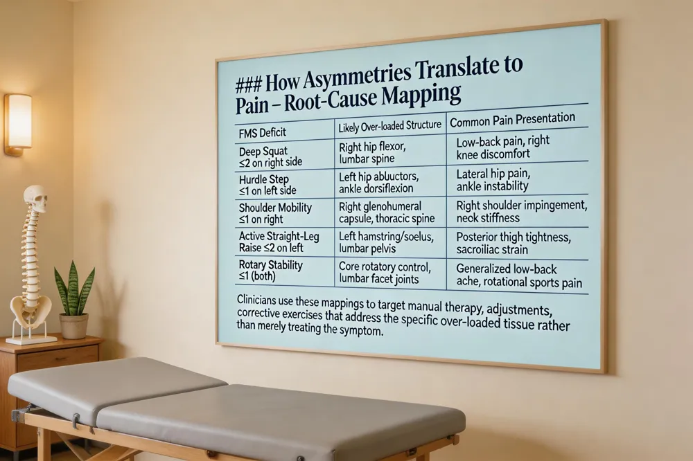 ### How Asymmetries Translate to Pain – Root‑Cause Mapping
| FMS Deficit | Likely Over‑loaded Structure | Common Pain Presentation |
|---|
| Deep Squat ≤ 2 on right side | Right hip flexor, lumbar spine | Low‑back pain, right knee discomfort | Hurdle Step ≤ 1 on left side | Left hip abductors, ankle dorsiflexion | Lateral hip pain, ankle instability | Shoulder Mobility ≤ 1 on right | Right glenohumeral capsule, thoracic spine | Right shoulder impingement, neck stiffness | Active Straight‑Leg Raise ≤ 2 on left | Left hamstring/soleus, lumbar pelvis | Posterior thigh tightness, sacroiliac strain | Rotary Stability ≤ 1 (both) | Core rotatory control, lumbar facet joints | Generalized low‑back ache, rotational sports pain
Clinicians use these mappings to target manual therapy, adjustments, and corrective exercises that address the specific over‑loaded tissue rather than merely treating the symptom.