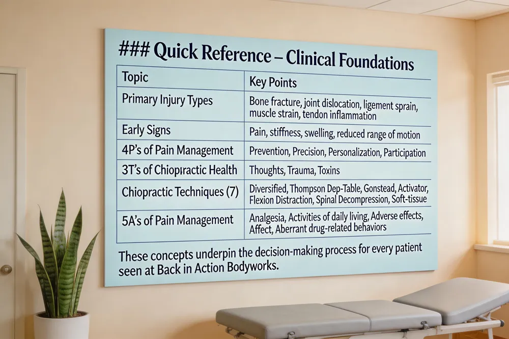 ### Quick Reference – Clinical Foundations
| Topic | Key Points |
|---|---|
| Primary Injury Types | Bone fracture, joint dislocation, ligament sprain, muscle strain, tendon inflammation |
| Early Signs | Pain, stiffness, swelling, reduced range of motion |
| 4 P’s of Pain Management | Prevention, Precision, Personalization, Participation |
| 3 T’s of Chiropractic Health | Thoughts, Trauma, Toxins |
| Chiropractic Techniques (7) | Diversified, Thompson Drop‑Table, Gonstead, Activator, Flexion Distraction, Spinal Decompression, Soft‑tissue/ |
| 5 A’s of Pain Management | Analgesia, Activities of daily living, Adverse effects, Affect, Aberrant drug‑related behaviors |
These concepts underpin the decision‑making process for every patient seen at Back in Action Bodyworks.