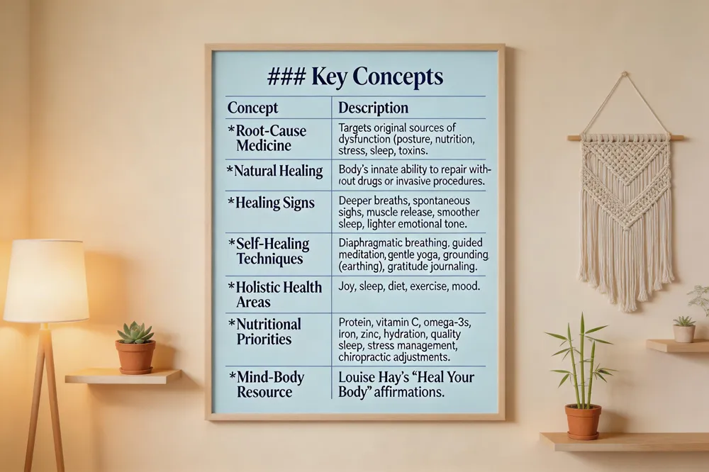 ### Key Concepts
| Concept | Description |
|---|---|
| Root‑Cause Medicine | Targets original sources of dysfunction (posture, nutrition, stress, sleep, toxins). |
| Natural Healing | Body’s innate ability to repair without drugs or invasive procedures. |
| Healing Signs | Deeper breaths, spontaneous sighs, muscle release, smoother sleep, lighter emotional tone. |
| Self‑Healing Techniques | Diaphragmatic breathing, guided meditation, gentle yoga, grounding (earthing), gratitude journaling. |
| Holistic Health Areas | Joy, sleep, diet, exercise, mood. |
| Nutritional Priorities | Protein, vitamin C, omega‑3s, iron, zinc, hydration, quality sleep, stress management, chiropractic adjustments. |
| Mind‑Body Resource | Louise Hay’s Heal Your Body affirmations. |