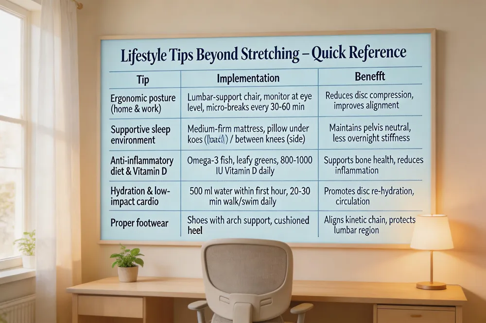 Lifestyle Tips Beyond Stretching – Quick Reference
| Tip | Implementation | Benefit |
|---|---|---|
| Ergonomic posture (home & work) | Lumbar‑support chair, monitor at eye level, micro‑breaks every 30‑60 min | Reduces disc compression, improves alignment |
| Supportive sleep environment | Medium‑firm mattress, pillow under knees (back sleeper) or between knees (side sleeper) | Maintains pelvis neutral, less overnight stiffness |
| Anti‑inflammatory diet & Vitamin D | Omega‑3 fish, leafy greens, 800‑1000 IU Vitamin D daily | Supports bone health, reduces inflammation |
| Hydration & low‑impact cardio | 500 ml water within first hour, 20‑30 min walk/swim daily | Promotes disc re‑hydration, circulation |
| Proper footwear | Shoes with arch support, cushioned heel | Aligns kinetic chain, protects lumbar region |
