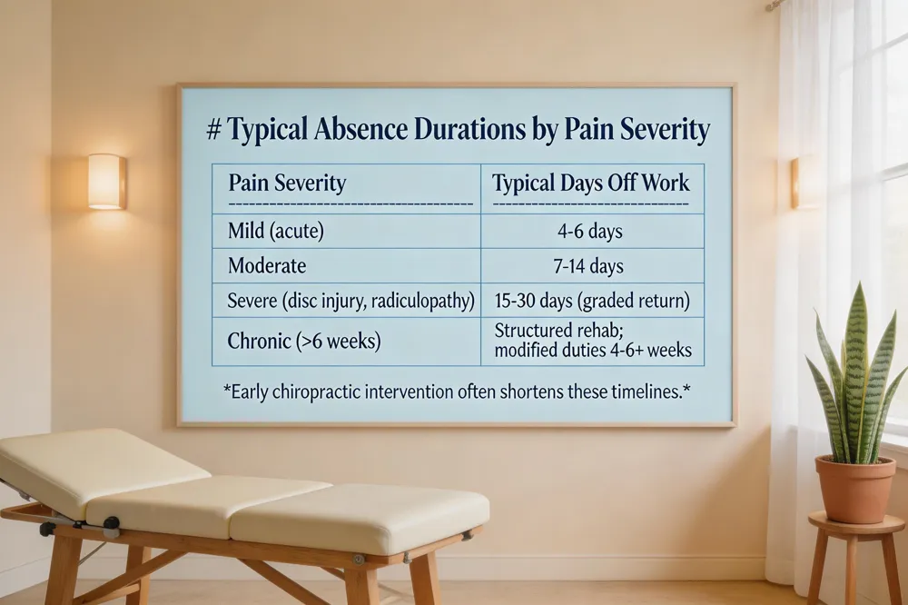 # Typical Absence Durations by Pain Severity
| Pain Severity | Typical Days Off Work |
|---|---|
| Mild (acute) | 4‑6 days |
| Moderate | 7‑14 days |
| Severe (disc injury, radiculopathy) | 15‑30 days (graded return) |
| Chronic (>6 weeks) | Structured rehab; may require modified duties for 4‑6 weeks or longer |
Early chiropractic intervention often shortens these timelines.