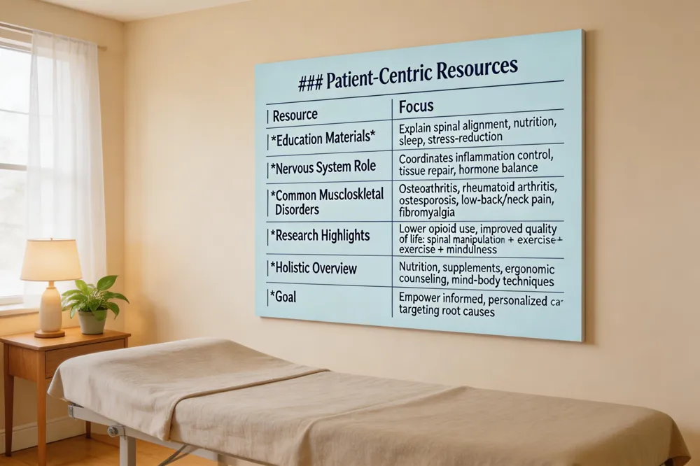 ### Patient‑Centric Resources
| Resource | Focus |
|---|---|
| Education Materials | Explain interplay of spinal alignment, nutrition, sleep, stress‑reduction. |
| Nervous System Role | Coordinates inflammation control, tissue repair, hormone balance. |
| Common Musculoskeletal Disorders | Osteoarthritis, rheumatoid arthritis, osteoporosis, low‑back pain, neck pain, fibromyalgia. |
| Research Highlights | Lower opioid use, improved quality of life with spinal manipulation + exercise + mindfulness. |
| Holistic Overview | Nutrition, supplements, ergonomic counseling, mind‑body techniques. |
| Goal | Empower informed, personalized care targeting root causes. |