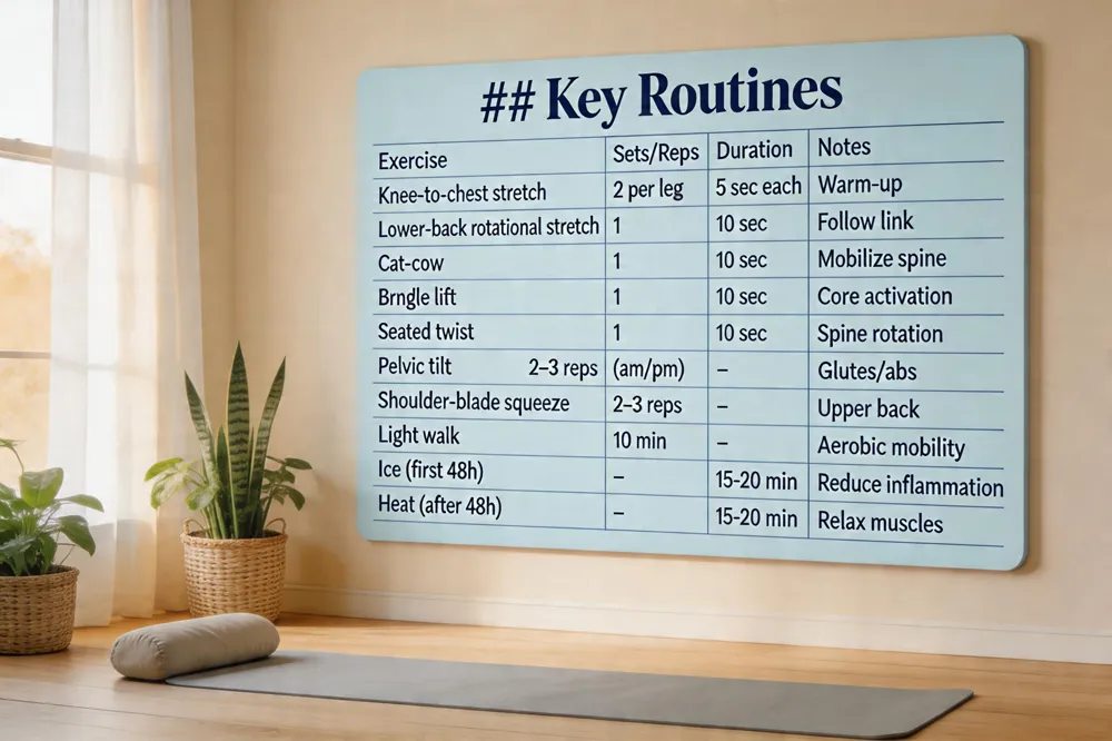 ## Key Routines
| Exercise | Sets/Reps | Duration | Notes |
|---|---|---|---|
| Knee‑to‑chest stretch | 2 per leg | 5 sec each | Warm‑up |
| Lower‑back rotational stretch | 1 | 10 sec | Follow link |
| Cat‑cow | 1 | 10 sec | Mobilize spine |
| Bridge lift | 1 | 10 sec | Core activation |
| Seated twist | 1 | 10 sec | Spine rotation |
| Pelvic tilt | 2–3 reps (morning/evening) | – | Glutes/abs |
| Shoulder‑blade squeeze | 2–3 reps | – | Upper back |
| Light walk | 10 min | – | Aerobic mobility |
| Ice (first 48 h) | – | 15‑20 min | Reduce inflammation |
| Heat (after 48 h) | – | 15‑20 min | Relax muscles |