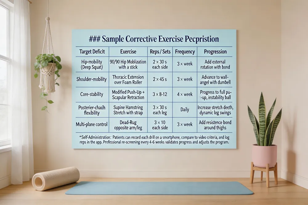 ### Sample Corrective Exercise Prescription
| Target Deficit | Exercise | Reps / Sets | Frequency | Progression |
|---|
| Hip‑mobility (Deep Squat) | 90/90 Hip Mobilization with a stick | 2 × 30 s each side | 3 × week | Add external rotation with band | Shoulder‑mobility (Shoulder Mobility) | Thoracic Extension over Foam Roller | 2 × 45 s | 3 × week | Advance to wall‑angel with dumbbell | Core‑stability (Trunk Stability Push‑Up) | Modified Push‑Up + Scapular Retraction | 3 × 8‑12 | 4 × week | Progress to full push‑up, add instability ball | Posterior‑chain flexibility (Active Straight‑Leg Raise) | Supine Hamstring Stretch with strap | 3 × 30 s each leg | Daily | Increase stretch depth, add dynamic leg swings | Multi‑plane control (Rotary Stability) | Dead‑Bug with opposite arm/leg extension | 3 × 10 each side | 3 × week | Add resistance band around thighs
Self‑Administration: Patients can record each drill on a smartphone, compare to video criteria, and log reps in the app. Professional re‑screening every 4‑6 weeks validates progress and adjusts the program.