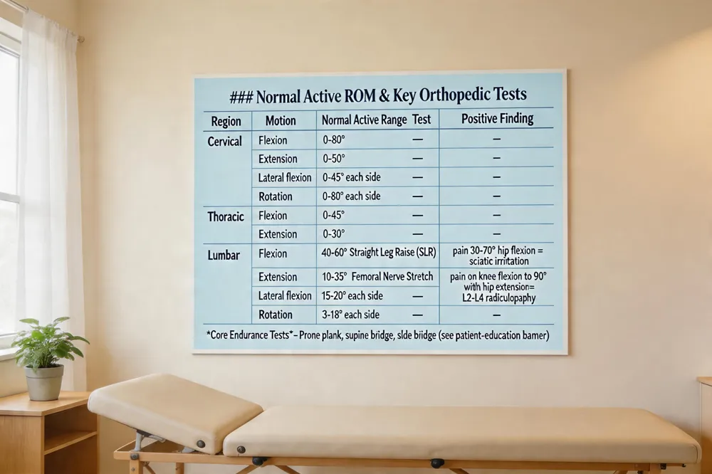 **### Normal Active ROM & Key Orthopedic Tests
| Region | Motion | Normal Active Range | Test | Positive Finding | |--------|--------|---------------------|------|------------------| | Cervical | Flexion | 0‑80° | — | — | | | Extension | 0‑50° | — | — | | | Lateral flexion | 0‑45° each side | — | — | | | Rotation | 0‑80° each side | — | — | | Thoracic | Flexion | 0‑45° | — | — | | | Extension | 0‑30° | — | — | | Lumbar | Flexion | 40‑60° | Straight Leg Raise (SLR) – pain 30‑70° hip flexion = sciatic irritation | | | Extension | 10‑35° | Femoral Nerve Stretch – pain on knee flexion to 90° with hip extension = L2‑L4 radiculopathy | | | Lateral flexion | 15‑20° each side | — | — | | | Rotation | 3‑18° each side | — | — |
Core Endurance Tests – Prone plank, supine bridge, side bridge (see patient‑education banner).