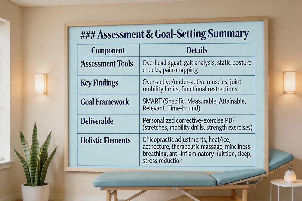 ### Assessment & Goal‑Setting Summary
| Component | Details |
|---|---|
| Assessment Tools | Overhead squat, gait analysis, static posture checks, pain‑mapping |
| Key Findings | Over‑active/under‑active muscles, joint mobility limits, functional restrictions |
| Goal Framework | SMART (Specific, Measurable, Attainable, Relevant, Time‑bound) |
| Deliverable | Personalized corrective‑exercise PDF (stretches, mobility drills, strength exercises) |
| Holistic Elements | Chiropractic adjustments, heat/ice, acupuncture, therapeutic massage, mindfulness breathing, anti‑inflammatory nutrition, sleep, stress reduction |
