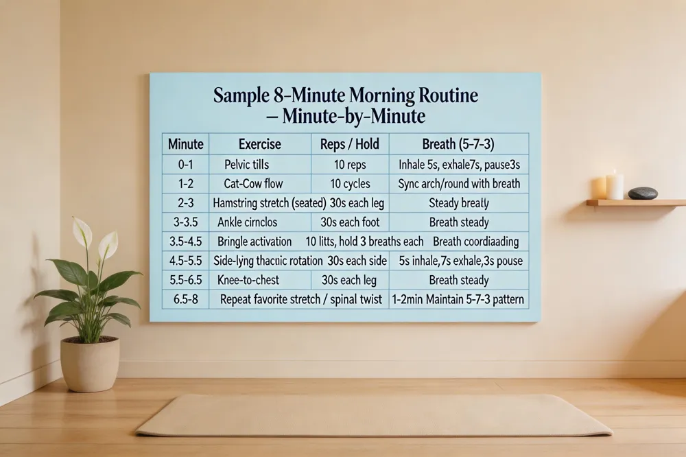 Sample 8‑Minute Morning Routine – Minute‑by‑Minute
| Minute | Exercise | Reps / Hold | Breath (5‑7‑3) |
|---|---|---|---|
| 0‑1 | Pelvic tilts | 10 reps | Inhale 5 s, exhale 7 s, pause 3 s |
| 1‑2 | Cat‑Cow flow | 10 cycles | Sync each arch/round with breath |
| 2‑3 | Hamstring stretch (seated) | 30 s each leg | Steady breath |
| 3‑3.5 | Ankle circles | 30 s each foot | Breath steady |
| 3.5‑4.5 | Bridge activation | 10 lifts, hold 3 breaths each | Breath coordinated |
| 4.5‑5.5 | Side‑lying thoracic rotation | 30 s each side | 5‑7 Breath12s each , 7‑s exhale, 3‑s pause |
| 5.5‑6.5 | Knee‑to‑chest | 30 s each leg | Breath steady |
| 6.5‑8 | Repeat favorite stretch or add optional spinal twist | 1‑2 min | Maintain 5‑7‑3 pattern |
