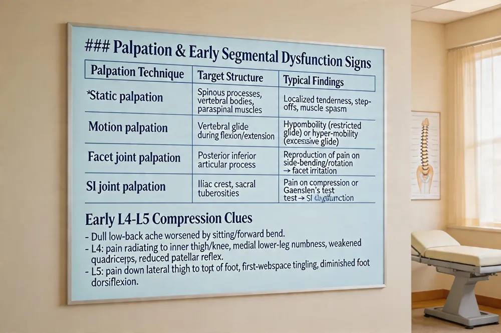### Palpation & Early Segmental Dysfunction Signs
| Palpation Technique | Target Structure | Typical Findings |
|---|---|---|
| Static palpation | Spinous processes, vertebral bodies, paraspinal muscles | Localized tenderness, step‑offs, muscle spasm |
| Motion palpation | Vertebral glide during flexion/extension | Hypomobility (restricted glide) or hyper‑mobility (excessive glide) |
| Facet joint palpation | Posterior inferior articular process | Reproduction of pain on side‑bending/rotation → facet irritation |
| SI joint palpation | Iliac crest, sacral tuberosities | Pain on compression or Gaenslen’s test → SI dysfunction |
Early L4‑L5 Compression Clues
- Dull low‑back ache worsened by sitting/forward bend.
- L4: pain radiating to inner thigh/knee, medial lower‑leg numbness, weakened quadriceps, reduced patellar reflex.
- L5: pain down lateral thigh to top of foot, first‑webspace tingling, diminished foot dorsiflexion.