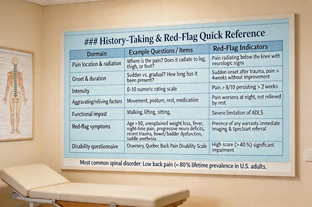 ### History‑Taking & Red‑Flag Quick Reference
| Domain | Example Questions / Items | Red‑Flag Indicators |
|---|---|---|
| Pain location & radiation | Where is the pain? Does it radiate to the leg, thigh, or foot? | Pain radiating below the knee with neurologic signs |
| Onset & duration | Sudden vs. gradual? How long has it been present? | Sudden onset after trauma, pain > 4 weeks without improvement |
| Intensity | 0‑10 numeric rating scale | Pain > 8/10 persisting > 2 weeks |
| Aggravating/relieving factors | Movement, posture, rest, medication | Pain worsens at night, not relieved by rest |
| Functional impact | Walking, lifting, sitting, sleeping, work tasks | Severe limitation of ADLs |
| Red‑flag symptoms | Age > 50, unexplained weight loss, fever, night‑time pain, progressive neuro deficits, recent trauma, bowel/bladder dysfunction, saddle anesthesia | Presence of any warrants immediate imaging & specialist referral |
| Disability questionnaire | Oswestry, Quebec Back Pain Disability Scale | High score (> 40 %) signals significant impairment |
Most common spinal disorder: Low back pain (≈ 80 % lifetime prevalence in U.S. adults).