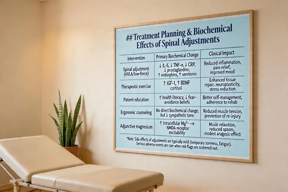 ### Treatment Planning & Biochemical Effects of Spinal Adjustments
| Intervention | Primary Biochemical Change | Clinical Impact |
|---|---|---|
| Spinal adjustment (HVLA/low‑force) | ↓ IL‑6, ↓ TNF‑α, ↓ CRP, ↓ prostaglandins; ↑ endorphins, ↑ serotonin | Reduced inflammation, pain relief, improved mood |
| Therapeutic exercise | ↑ IGF‑1, ↑ BDNF; ↓ cortisol | Enhanced tissue repair, neuroplasticity, stress reduction |
| Patient education | ↑ health literacy, ↓ fear‑avoidance beliefs | Better self‑management, adherence to rehab |
| Ergonomic counseling | No direct biochemical change, but ↓ sympathetic tone | Reduced muscle tension, prevention of re‑injury |
| Adjunctive magnesium | ↑ intracellular Mg²⁺ → ↓ NMDA receptor excitability | Muscle relaxation, reduced spasm, modest analgesic effect |
Note: Side effects of adjustments are typically mild (temporary soreness, fatigue). Serious adverse events are rare when red‑flags are screened out.