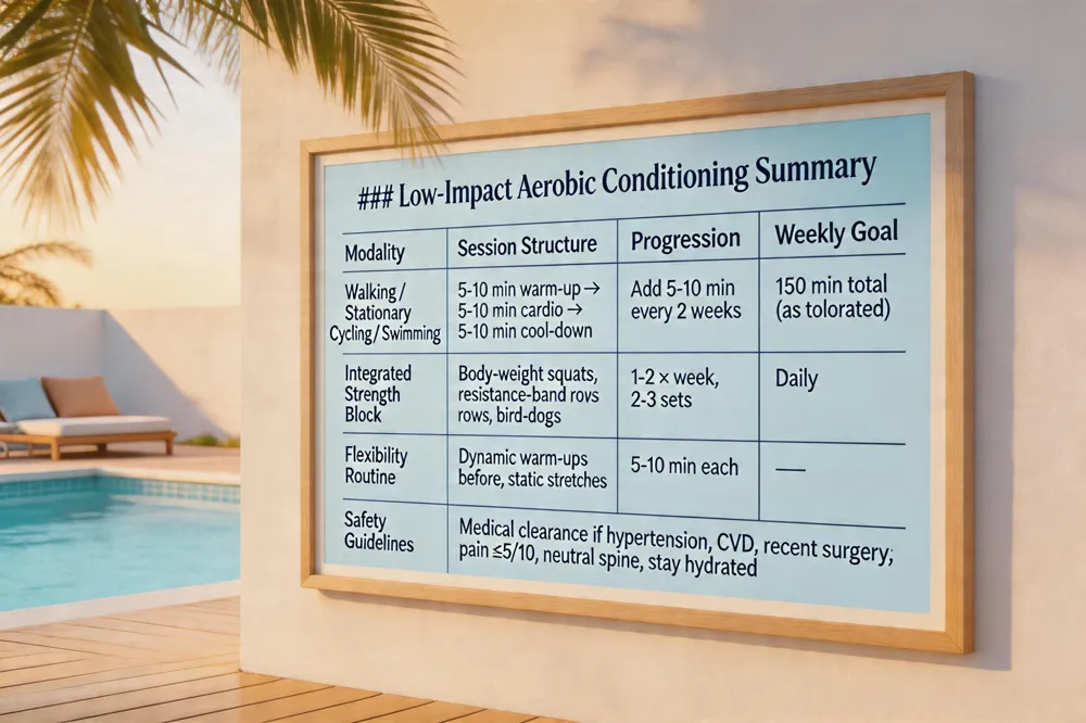 ### Low‑Impact Aerobic Conditioning Summary
| Modality | Session Structure | Progression | Weekly Goal |
|---|---|---|---|
| Walking / Stationary Cycling / Swimming | 5‑10 min warm‑up → 5‑10 min cardio → 5‑10 min cool‑down | Add 5‑10 min every 2 weeks | 150 min total (as tolerated) |
| Integrated Strength Block | Body‑weight squats, resistance‑band rows, bird‑dogs | 1‑2 × week, 2‑3 sets | — |
| Flexibility Routine | Dynamic warm‑ups before, static stretches after | 5‑10 min each | Daily |
| Safety Guidelines | Medical clearance if hypertension, CVD, recent surgery; pain ≤5/10; neutral spine; stay hydrated | — | — |
