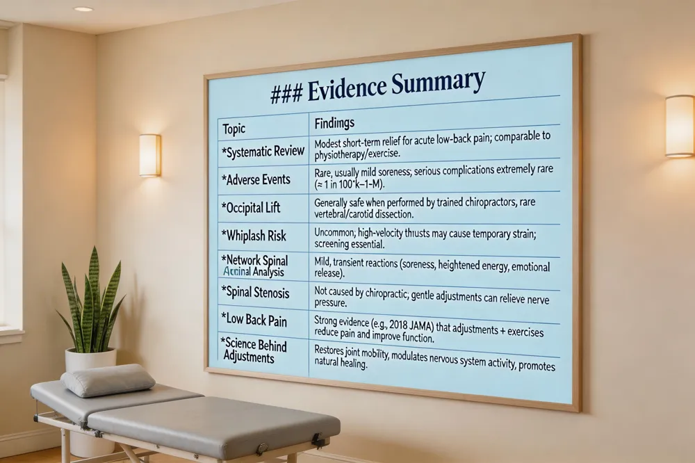 ### Evidence Summary
| Topic | Findings |
|---|---|
| Systematic Review | Modest short‑term relief for acute low‑back pain; comparable to physiotherapy/exercise. |
| Adverse Events | Rare, usually mild soreness; serious complications extremely rare (≈1 in 100 k–1 M). |
| Occipital Lift | Generally safe when performed by trained chiropractors; rare vertebral/carotid dissection. |
| Whiplash Risk | Uncommon; high‑velocity thrusts may cause temporary strain; proper screening essential. |
| Network Spinal Analysis | Mild, transient reactions (soreness, heightened energy, emotional release). |
| Spinal Stenosis | Not caused by chiropractic; gentle adjustments can relieve nerve pressure. |
| Low Back Pain | Strong evidence (e.g., 2018 JAMA) that adjustments + exercises reduce pain and improve function. |
| Science Behind Adjustments | Restores joint mobility, modulates nervous system activity, promotes natural healing. |
