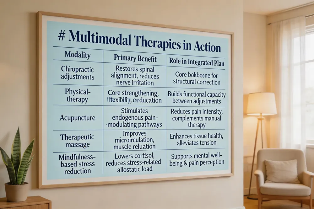 # Multimodal Therapies in Action
| Modality | Primary Benefit | Role in Integrated Plan |
|---|---|---|
| Chiropractic adjustments | Restores spinal alignment, reduces nerve irritation | Core backbone for structural correction |
| Physical‑therapy | Core strengthening, flexibility, ergonomic education | Builds functional capacity between adjustments |
| Acupuncture | Stimulates endogenous pain‑modulating pathways | Reduces pain intensity, complements manual therapy |
| Therapeutic massage | Improves microcirculation, muscle relaxation | Enhances tissue health, alleviates tension |
| Mindfulness‑based stress reduction | Lowers cortisol, reduces stress‑related allostatic load | Supports mental well‑being & pain perception |
