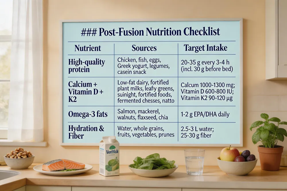 ### Post‑Fusion Nutrition Checklist
| Nutrient | Sources | Target Intake |
|---|---|---|
| High‑quality protein | Chicken, fish, eggs, Greek yogurt, legumes, casein snack | 20‑35 g every 3‑4 h (incl. 30 g before bed) |
| Calcium + Vitamin D + K2 | Low‑fat dairy, fortified plant milks, leafy greens, sunlight, fortified foods, fermented cheeses, natto | Calcium 1000‑1300 mg; Vitamin D 600‑800 IU; Vitamin K2 90‑120 µg |
| Omega‑3 fats | Salmon, mackerel, walnuts, flaxseed, chia | 1‑2 g EPA/DHA daily |
| Hydration & Fiber | Water, whole grains, fruits, vegetables, prunes | 2.5‑3 L water; 25‑30 g fiber |
