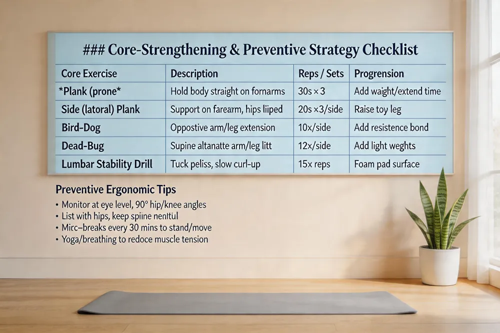 ### Core‑Strengthening & Preventive Strategy Checklist
| Core Exercise | Description | Reps / Sets | Progression |
|---|---|---|---|
| Plank (prone) | Hold body in straight line on forearms | 30 s × 3 | Add weight or extend time |
| Side (lateral) plank | Support on one forearm, hips lifted | 20 s × 3 each side | Raise top leg, increase angle |
| Bird‑Dog | Opposite arm/leg extension from quadruped | 10 × each side | Add resistance band |
| Dead‑Bug | Supine, alternate arm/leg lift, maintain lumbar neutral | 12 × each side | Increase tempo, add light weights |
| Lumbar stability drill | “Curl‑up” with pelvis tucked, slow lift | 15 × reps | Add unstable surface (foam pad) |
Preventive Ergonomic Tips
- Monitor at eye level, chair height for 90° hip/knee angles.
- Lift with hips, keep spine neutral.
- Take micro‑breaks every 30 min to stand/move.
- Incorporate stress‑reduction (yoga, breathing) to lower muscle tension.