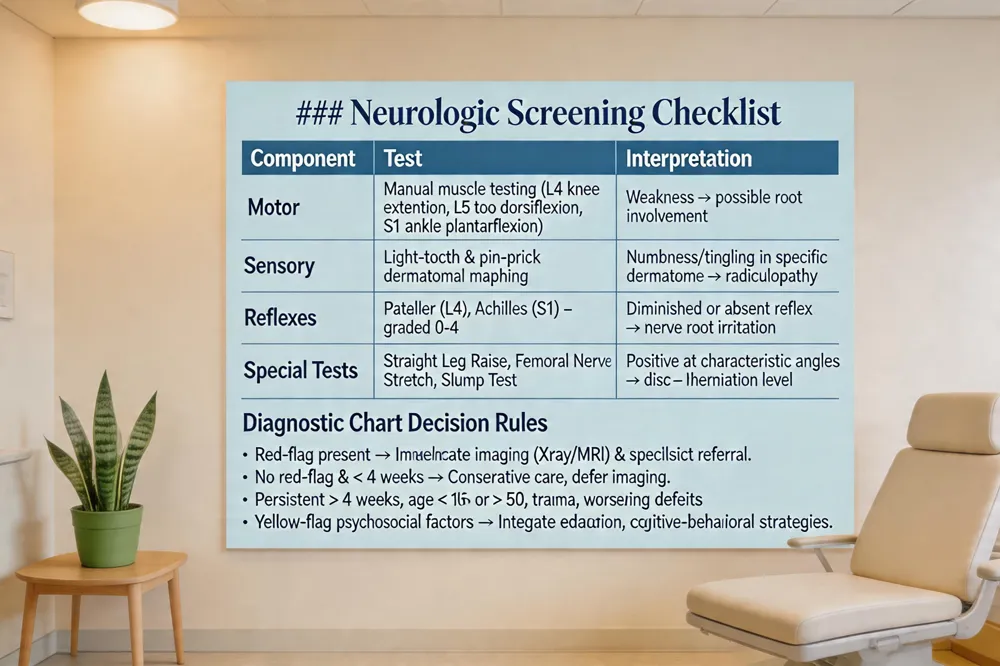 ### Neurologic Screening Checklist
| Component | Test | Interpretation |
|---|---|---|
| Motor | Manual muscle testing (L4 knee extension, L5 toe dorsiflexion, S1 ankle plantarflexion) | Weakness → possible root involvement |
| Sensory | Light‑touch & pin‑prick dermatomal mapping | Numbness/tingling in specific dermatome → radiculopathy |
| Reflexes | Patellar (L4), Achilles (S1) – graded 0‑4 | Diminished or absent reflex → nerve root irritation |
| Special Tests | Straight Leg Raise, Femoral Nerve Stretch, Slump Test | Positive at characteristic angles → disc herniation level |
Diagnostic Chart Decision Rules
- Red‑flag present → Immediate imaging (X‑ray/MRI) & specialist referral.
- No red‑flag & < 4 weeks → Conservative care, defer imaging.
- Persistent > 4 weeks, age < 16 or > 50, trauma, worsening deficits → Consider imaging.
- Yellow‑flag psychosocial factors → Integrate education, cognitive‑behavioral strategies.