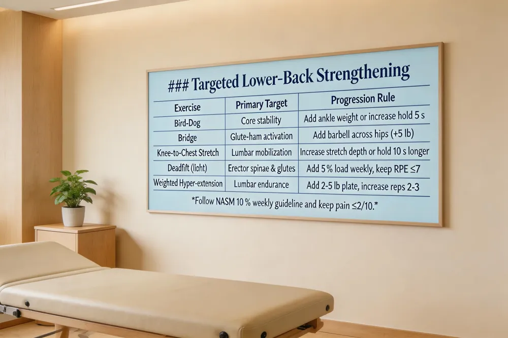 ### Targeted Lower‑Back Strengthening
| Exercise | Primary Target | Progression Rule |
|---|---|---|
| Bird‑Dog | Core stability | Add ankle weight or increase hold 5 s |
| Bridge | Glute‑ham activation | Add barbell across hips (+5 lb) |
| Knee‑to‑Chest Stretch | Lumbar mobilization | Increase stretch depth or hold 10 s longer |
| Deadlift (light) | Erector spinae & glutes | Add 5 % load weekly, keep RPE ≤7 |
| Weighted Hyper‑extension | Lumbar endurance | Add 2‑5 lb plate, increase reps 2‑3 |
Follow NASM 10 % weekly guideline and keep pain ≤2/10.